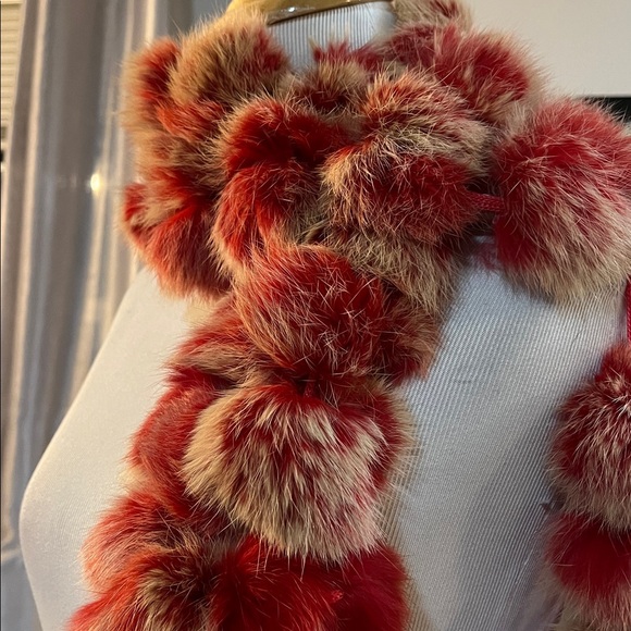 POM POM DYED RABBIT FUR SCARF NECK WARMER RED TAN - Picture 9 of 12